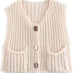 Women's Chunky Knit Vest Button Down Casual Sleeveless Cropped Crochet Sweater C